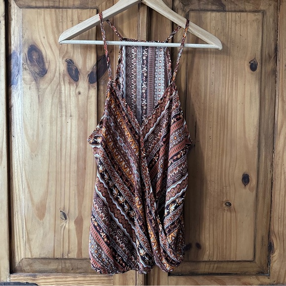 Wrap Around V Neck Racerback Tank Top Bohemian Brown Orange Black White XL - Picture 1 of 9